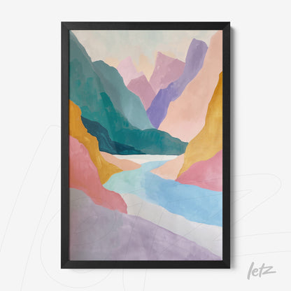 quadro em estilo abstrato com montanhas coloridas e água em tons suaves, em moldura preta