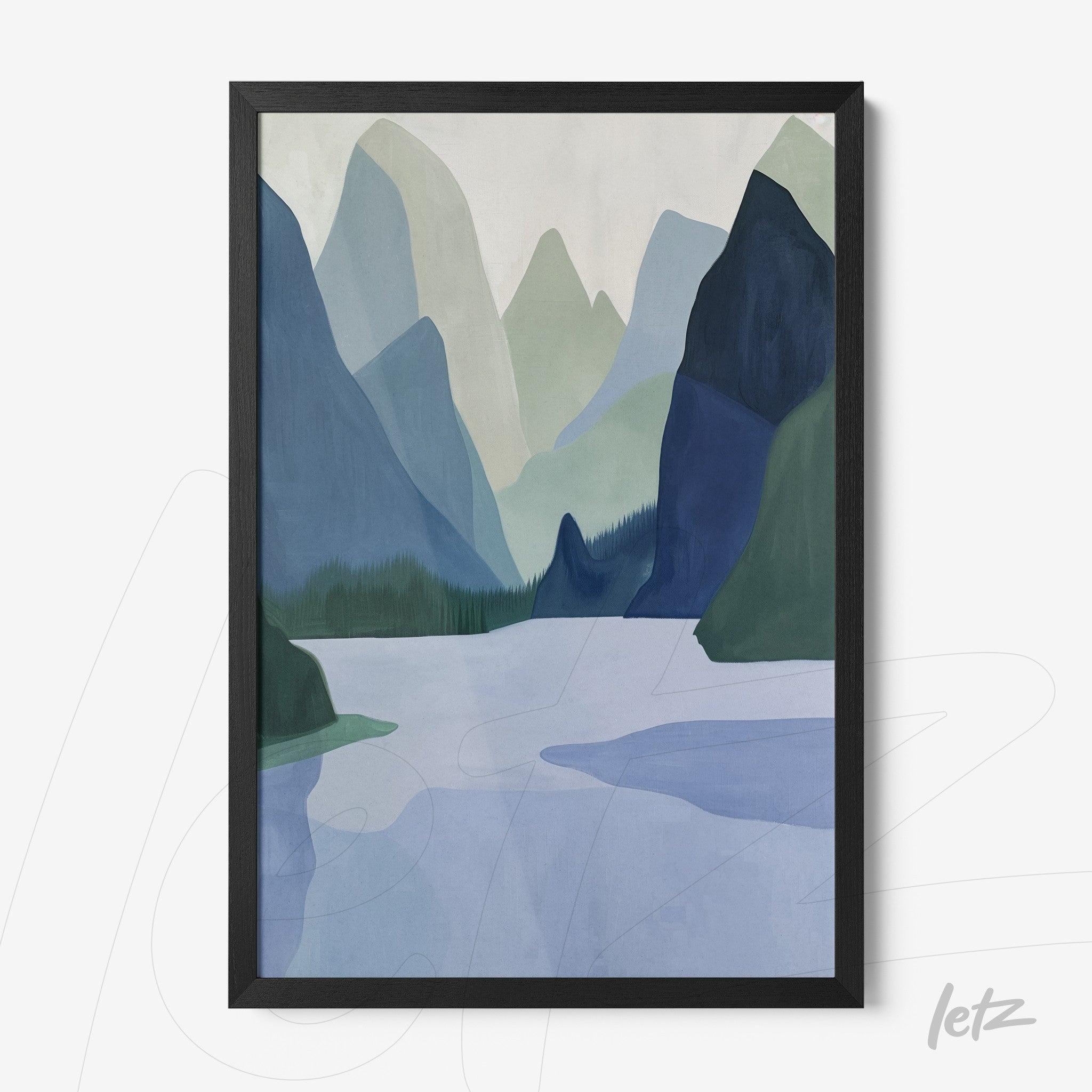 quadro com arte abstrata de paisagem com montanhas e lago em moldura preta