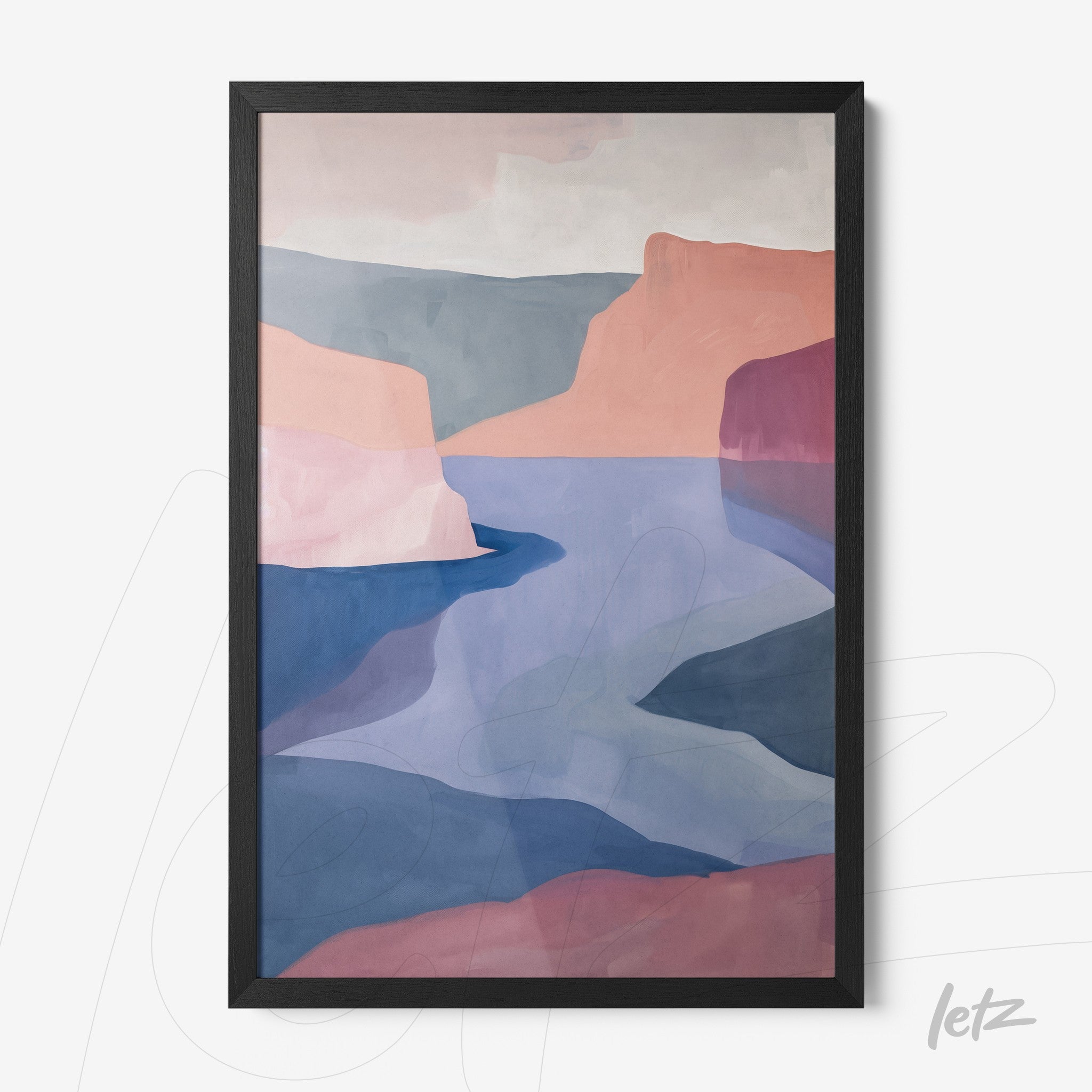 quadro com arte abstrata em tons de rosa e azul retratando paisagens serenas, moldura preta fina