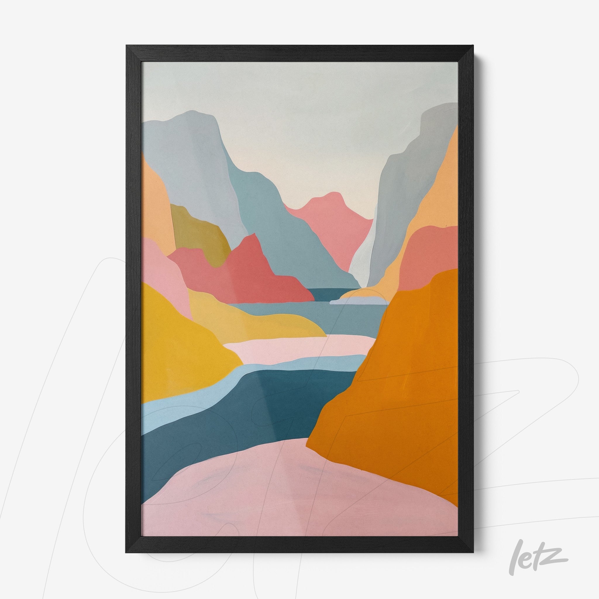 quadro em estilo contemporâneo com paisagem abstrata de montanhas coloridas em moldura preta