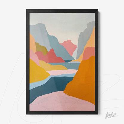 quadro em estilo contemporâneo com paisagem abstrata de montanhas coloridas em moldura preta