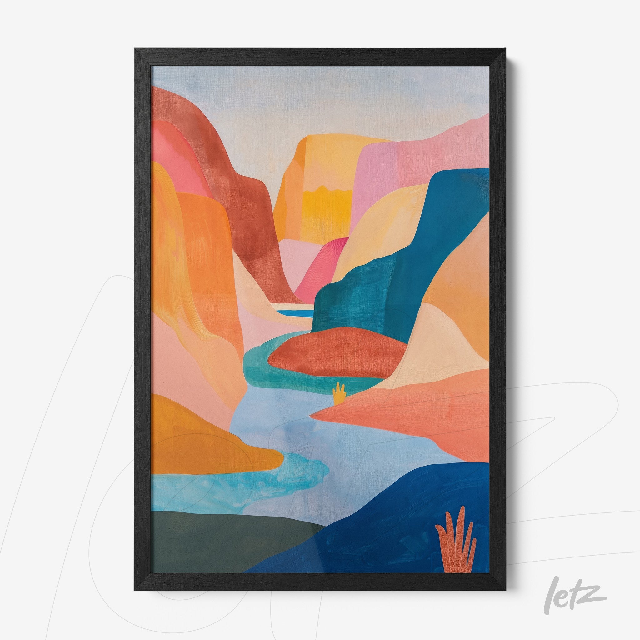 quadro com arte abstrata de um canyon colorido em moldura preta