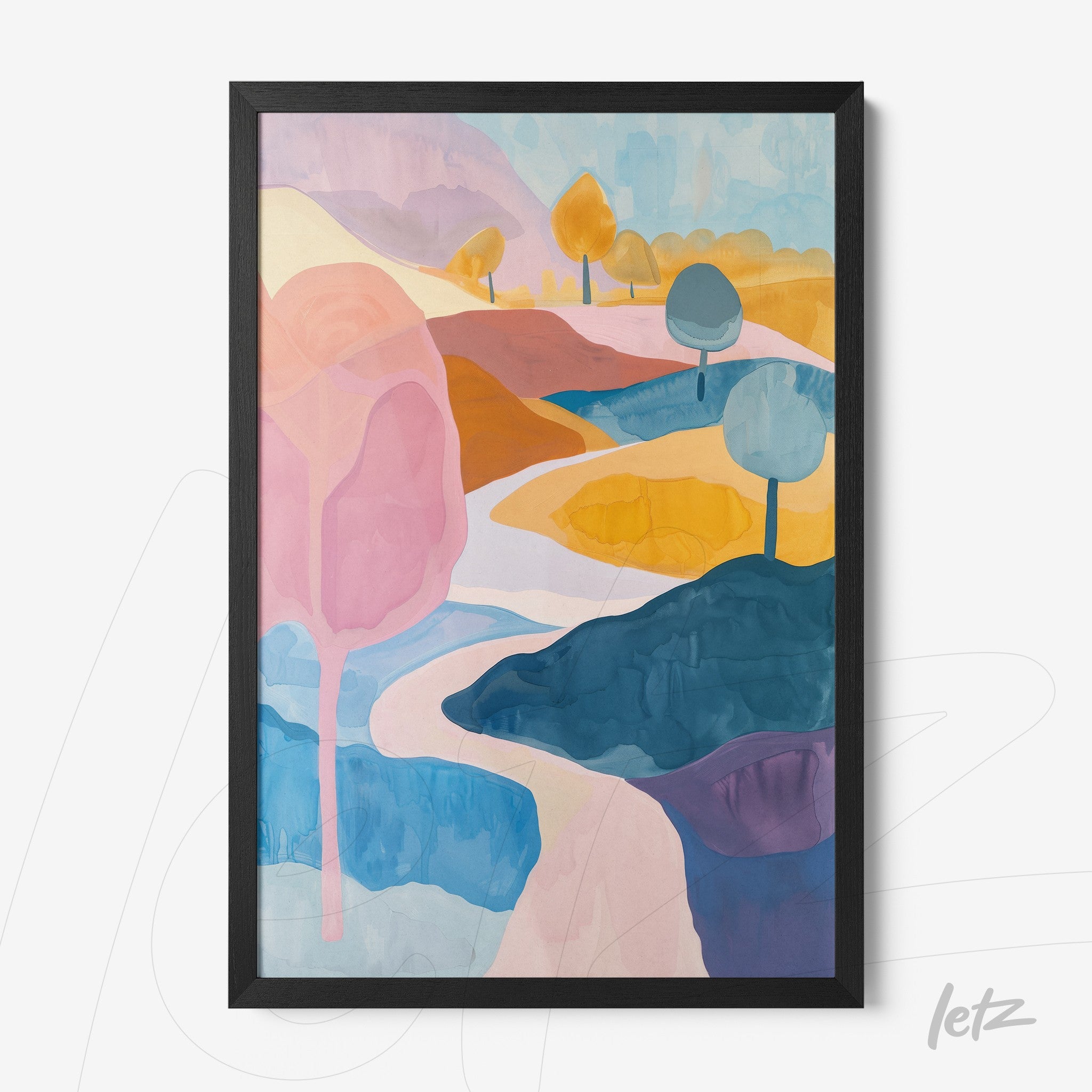 quadro com arte abstrata de paisagem colorida em moldura preta fina