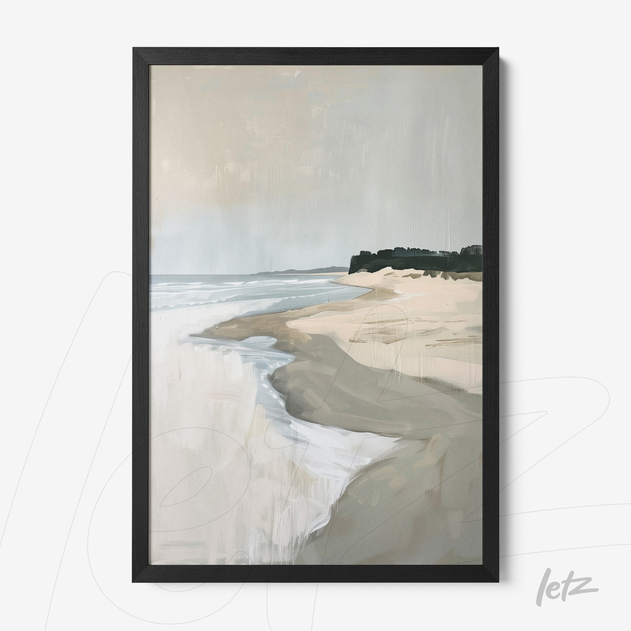 quadro com arte minimalista de praia com areia e ondas suaves em moldura preta