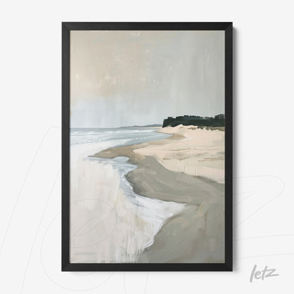 quadro com arte minimalista de praia com areia e ondas suaves em moldura preta