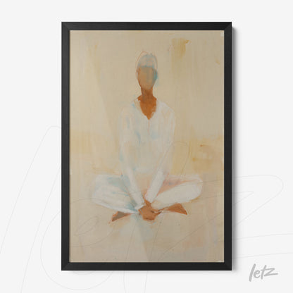 quadro com arte abstrata de figura humana sentada em posição de meditação com fundo em tons claros, moldura preta