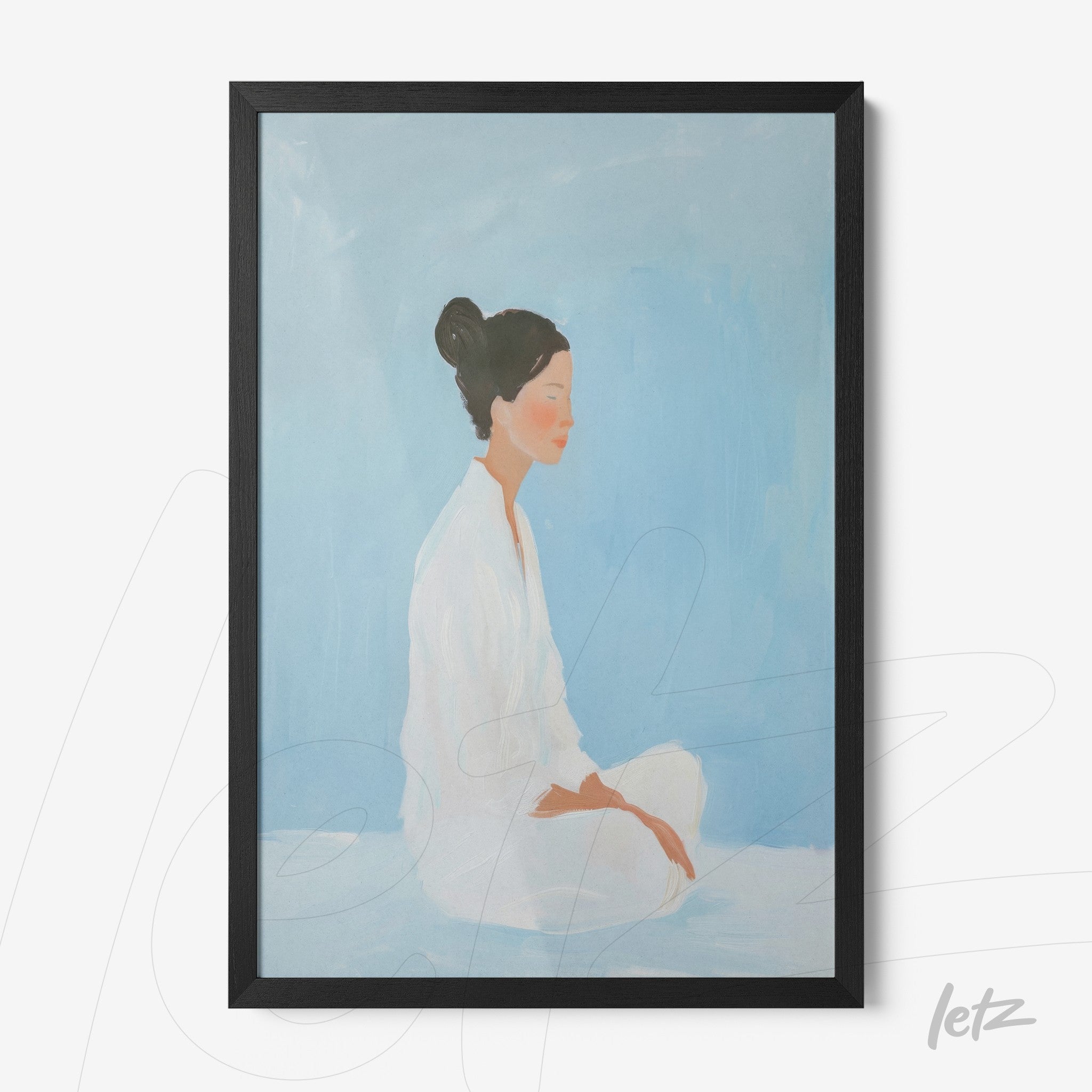 quadro com arte moderna de mulher meditando em fundo azul claro, moldura preta