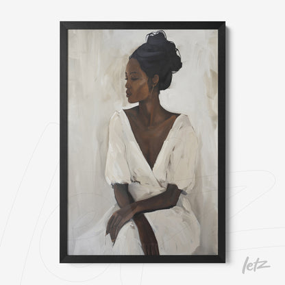 quadro com arte que retrata uma mulher negra em vestido branco em moldura preta, com fundo neutro