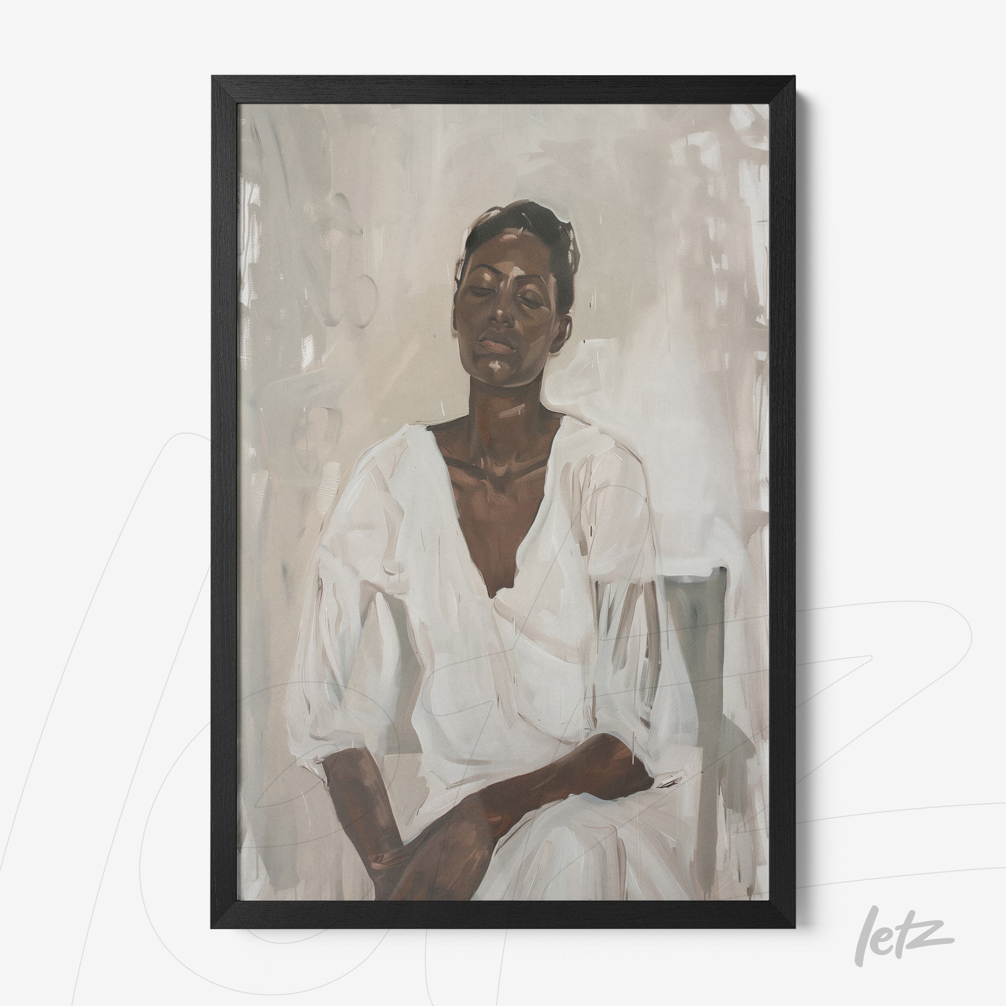 quadro com retrato feminino em tons neutros, mulher com expressão serena vestindo uma blusa branca e moldura preta