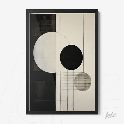 quadro abstrato em moldura preta com formas geométricas em preto, cinza e branco