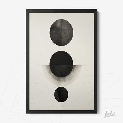 quadro com arte abstrata em preto e branco, apresentando círculos sobre fundo claro, em moldura preta