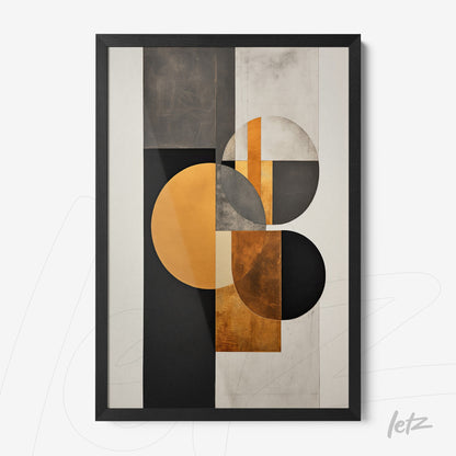 quadro emoldurado com arte abstrata em tons de preto, cinza e dourado, apresentando formas geométricas circulares e retangulares