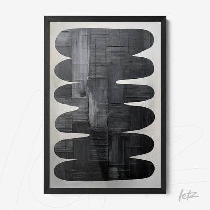 quadro com arte abstrata em tons de preto e cinza, moldura preta com acabamento fosco