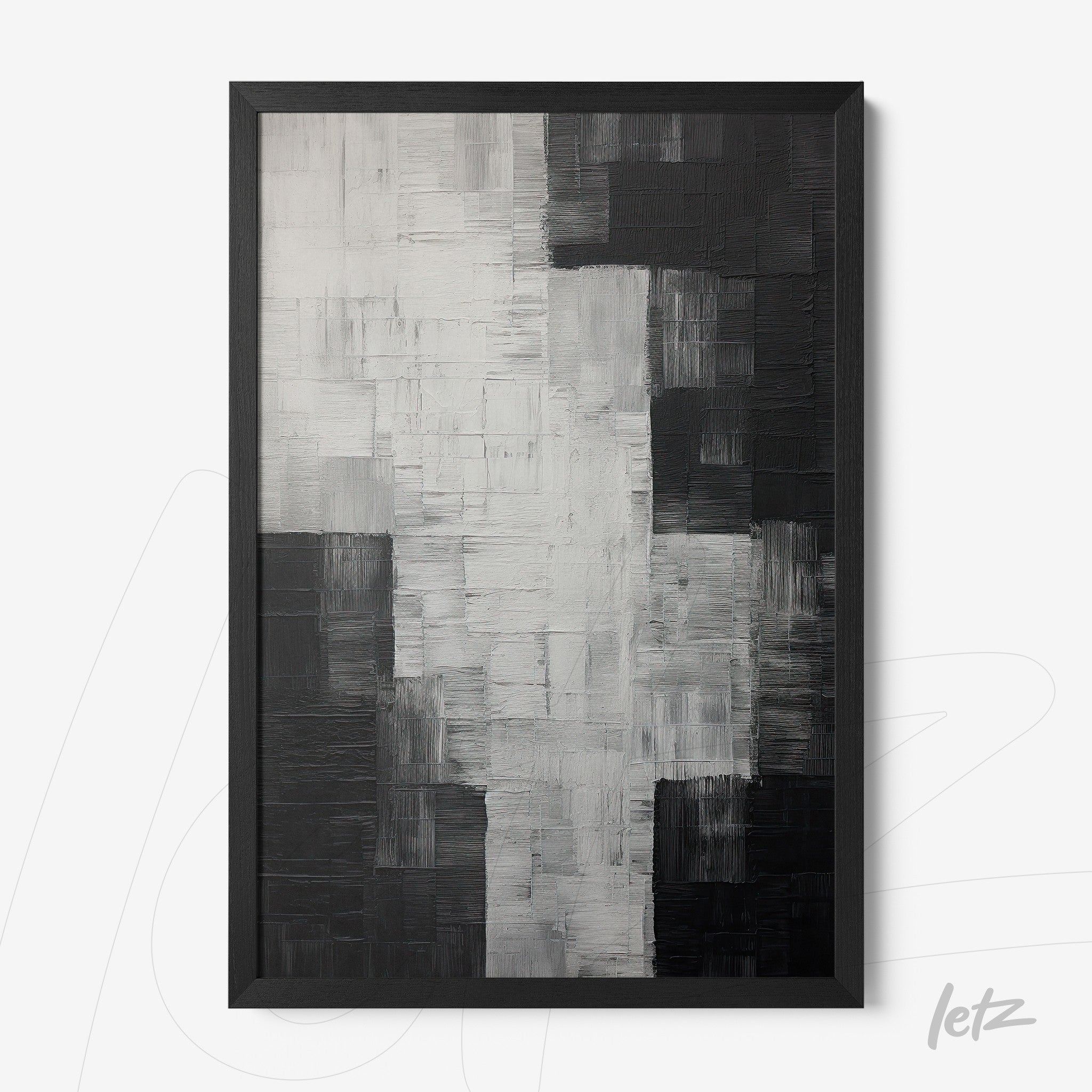 quadro com arte abstrata em preto, branco e cinza com textura em relevo e moldura preta