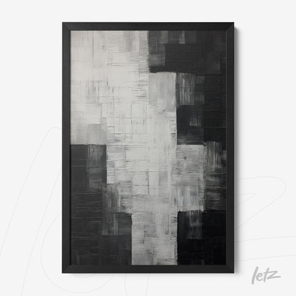 quadro com arte abstrata em preto, branco e cinza com textura em relevo e moldura preta