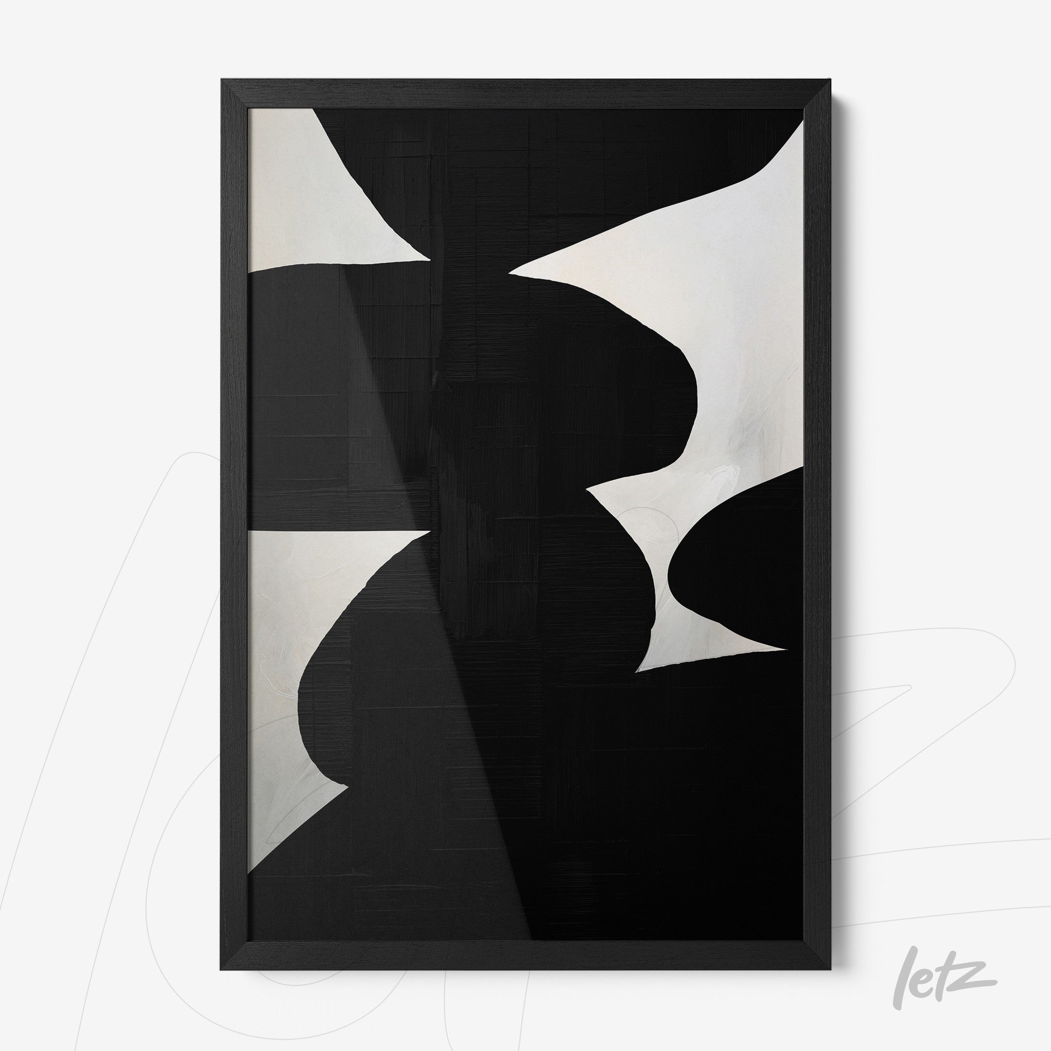 quadro abstrato em tons de preto e branco com moldura preta fina