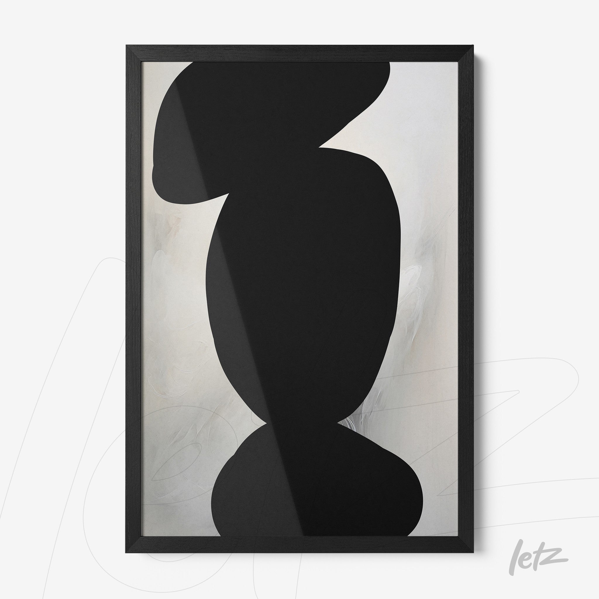 quadro com arte abstrata em preto e branco em moldura preta fina