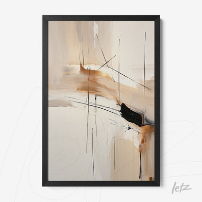 quadro com arte abstrata em tons suaves de bege, laranja e preto, em moldura preta elegante