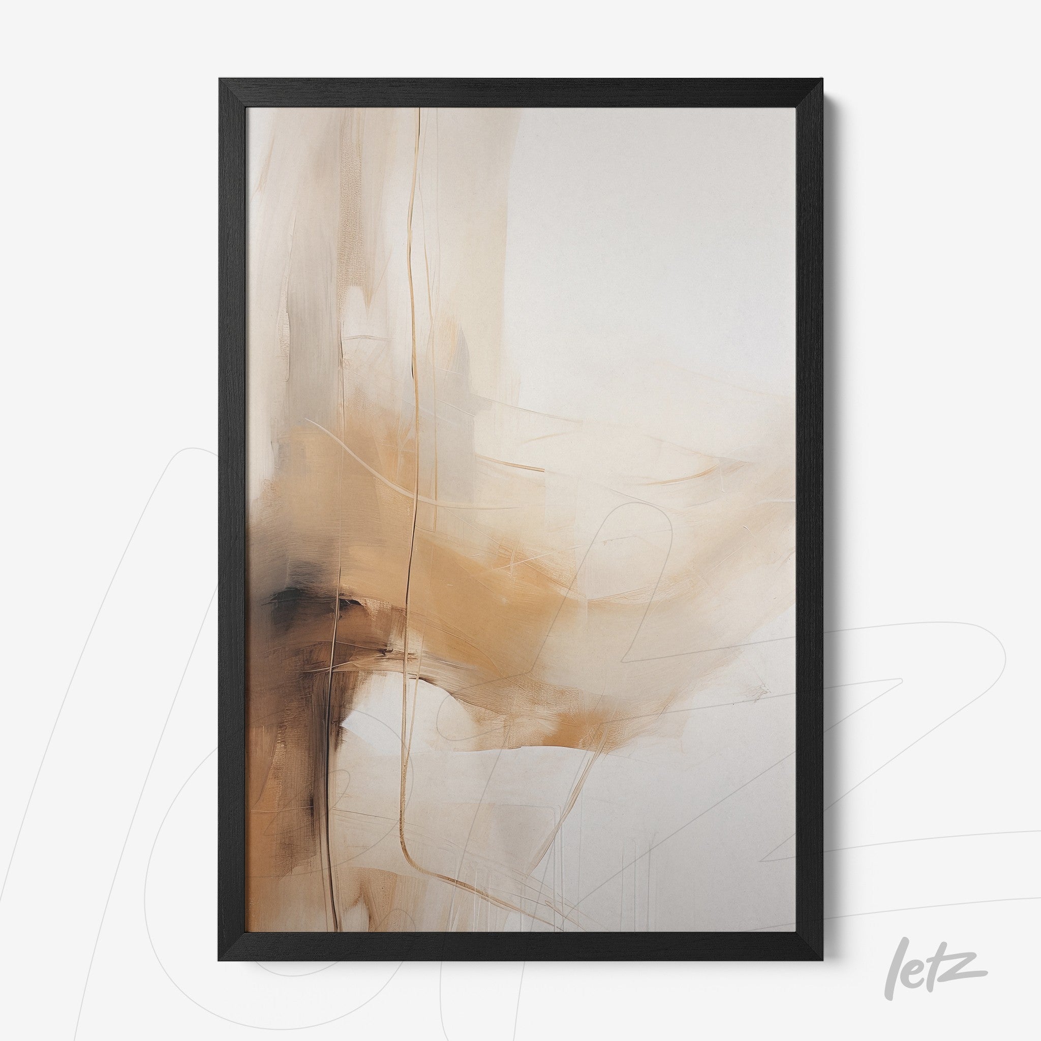 quadro com arte abstrata em tons terrosos em moldura preta fina