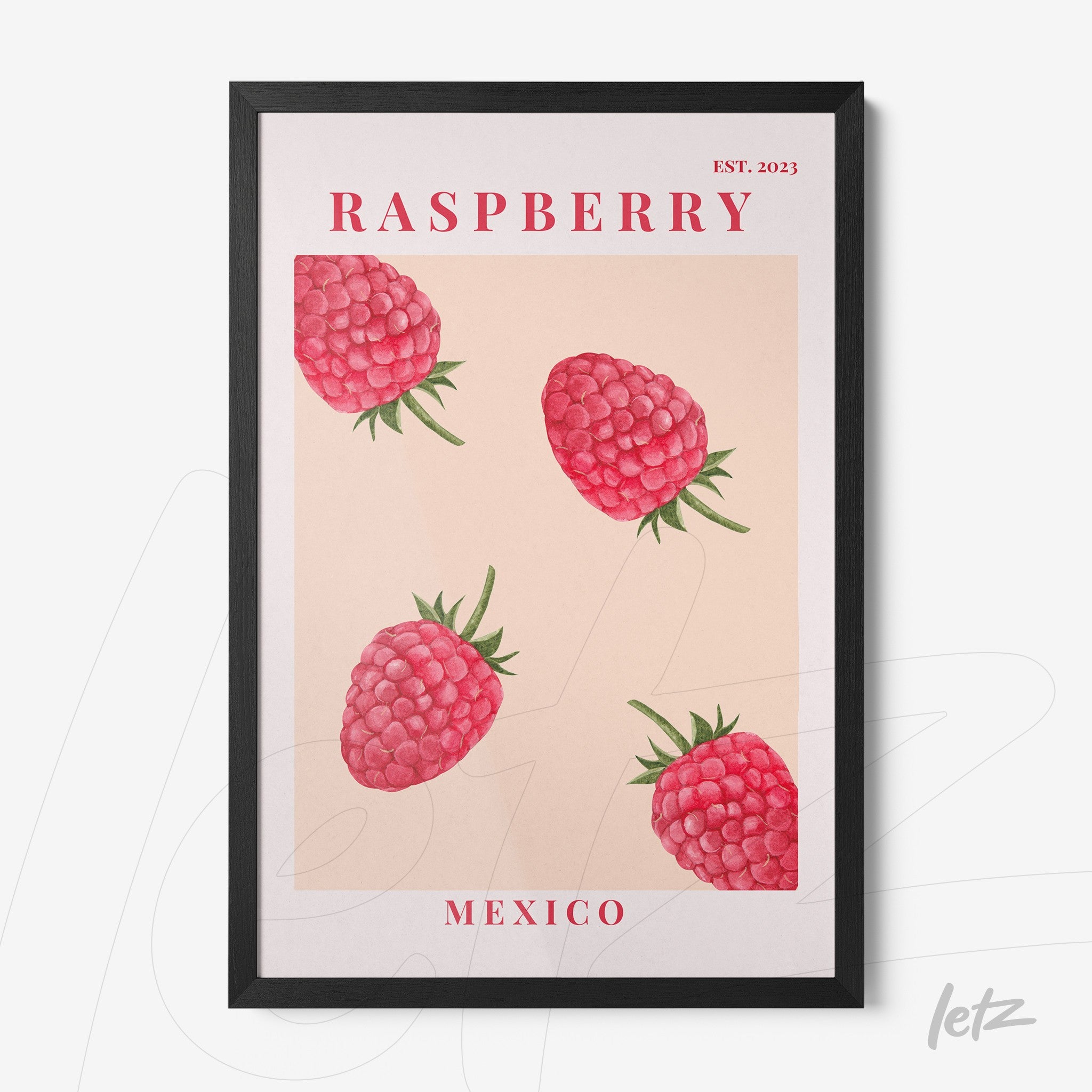 quadro com ilustração de framboesas em fundo suave, moldura preta