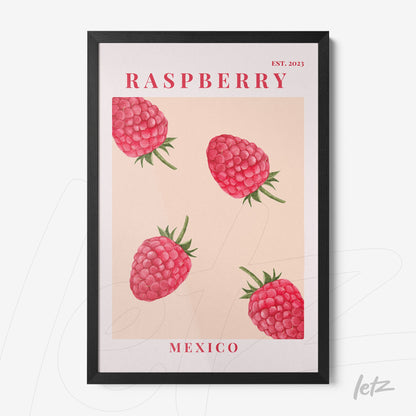 quadro com ilustração de framboesas em fundo suave, moldura preta