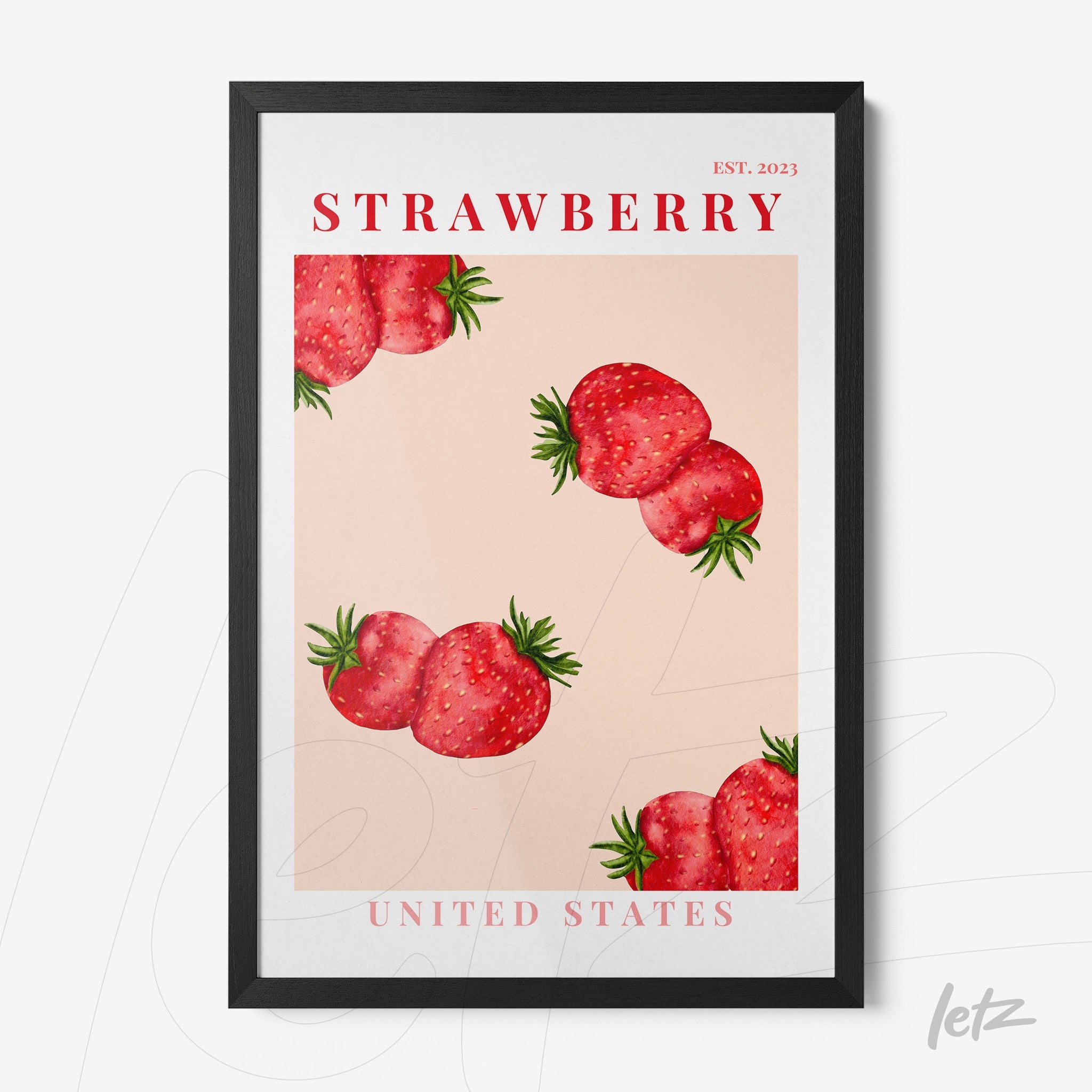 quadro com ilustração de morangos em fundo rosa com moldura preta