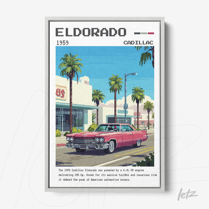 quadro com arte digital do Cadillac Eldorado de 1959, exibido em uma moldura branca, com palmeiras ao fundo e uma estética retrô