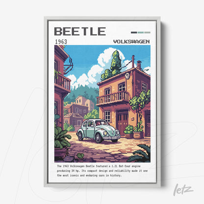 quadro com arte digital do carro Volkswagen Beetle em estilo pixel art, moldura prateada e fundo claro
