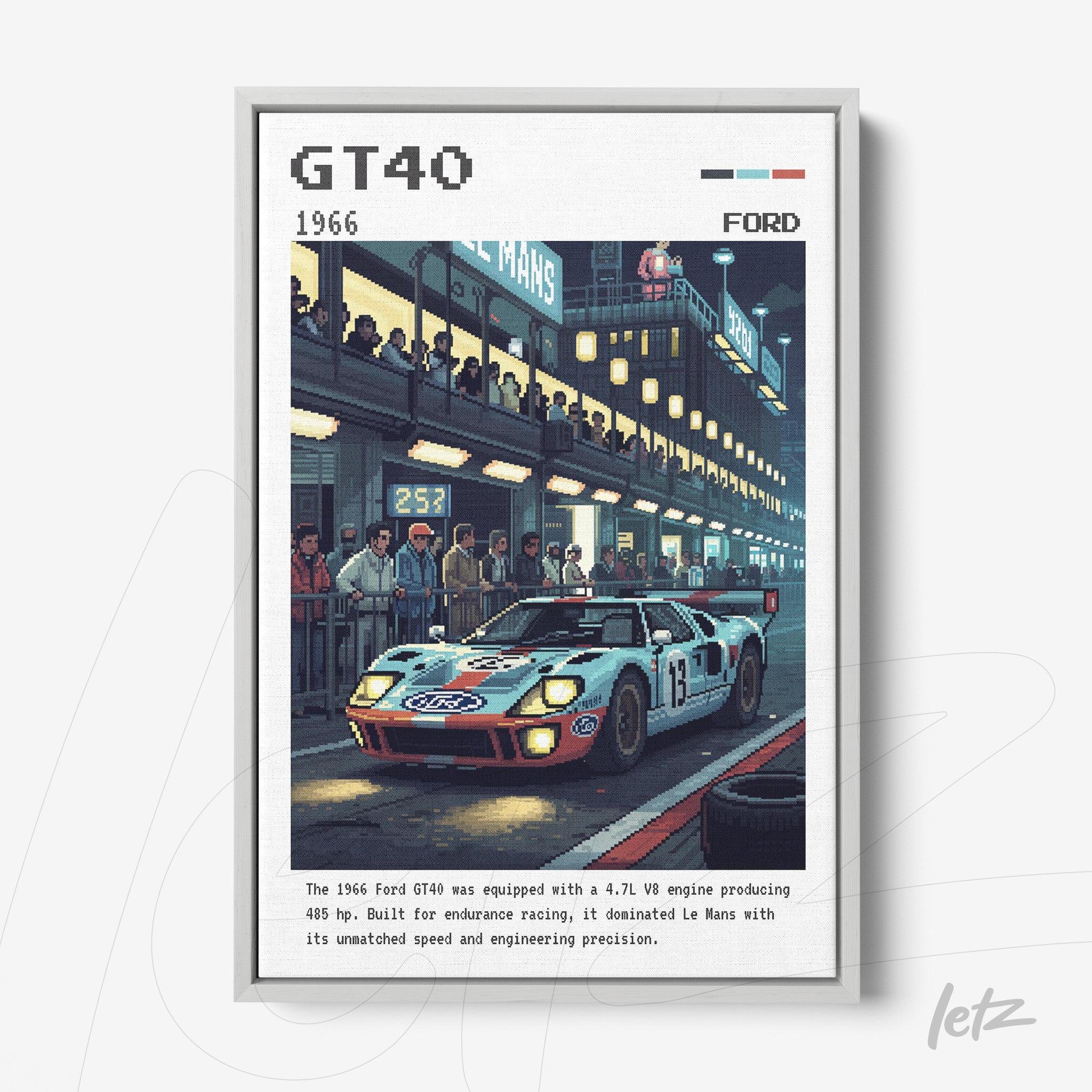 quadro com ilustração retrô do carro de corrida Ford GT40 em moldura prateada