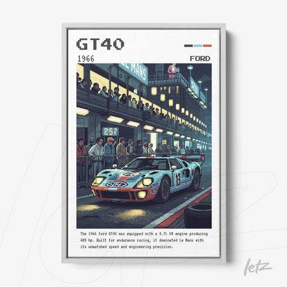 quadro com ilustração retrô do carro de corrida Ford GT40 em moldura prateada