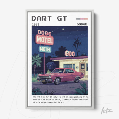 quadro com arte retrô de um Dodge Dart GT em frente a um motel, moldura branca
