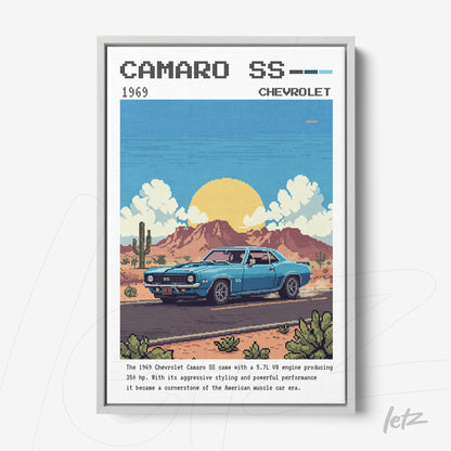 quadro com arte digital do carro Chevrolet Camaro SS de 1969 em um cenário de desertos e montanhas