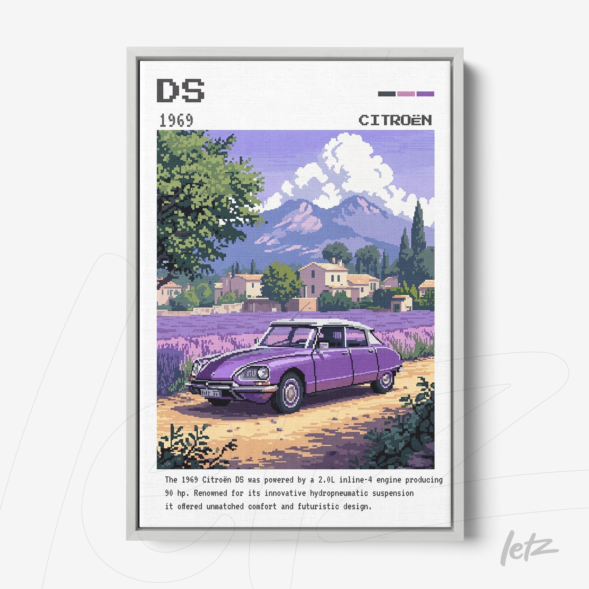 quadro com arte digital de um carro Citroën DS 1969 em cenário campestre com montanhas ao fundo