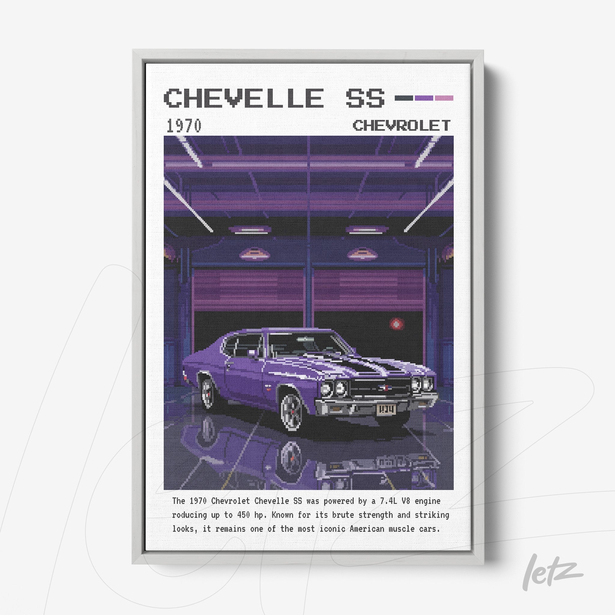 quadro com arte digital do carro Chevelle SS 1970 em estilo retrô, com moldura prateada e fundo em azul escuro degradê