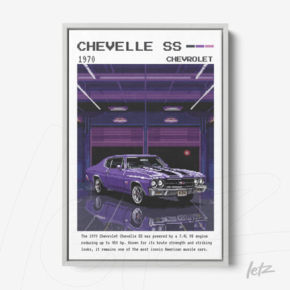 quadro com arte digital do carro Chevelle SS 1970 em estilo retrô, com moldura prateada e fundo em azul escuro degradê
