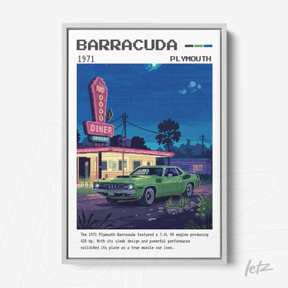 quadro emoldurado com arte digital retro de um carro Plymouth Barracuda de 1971 em frente a um diner iluminado