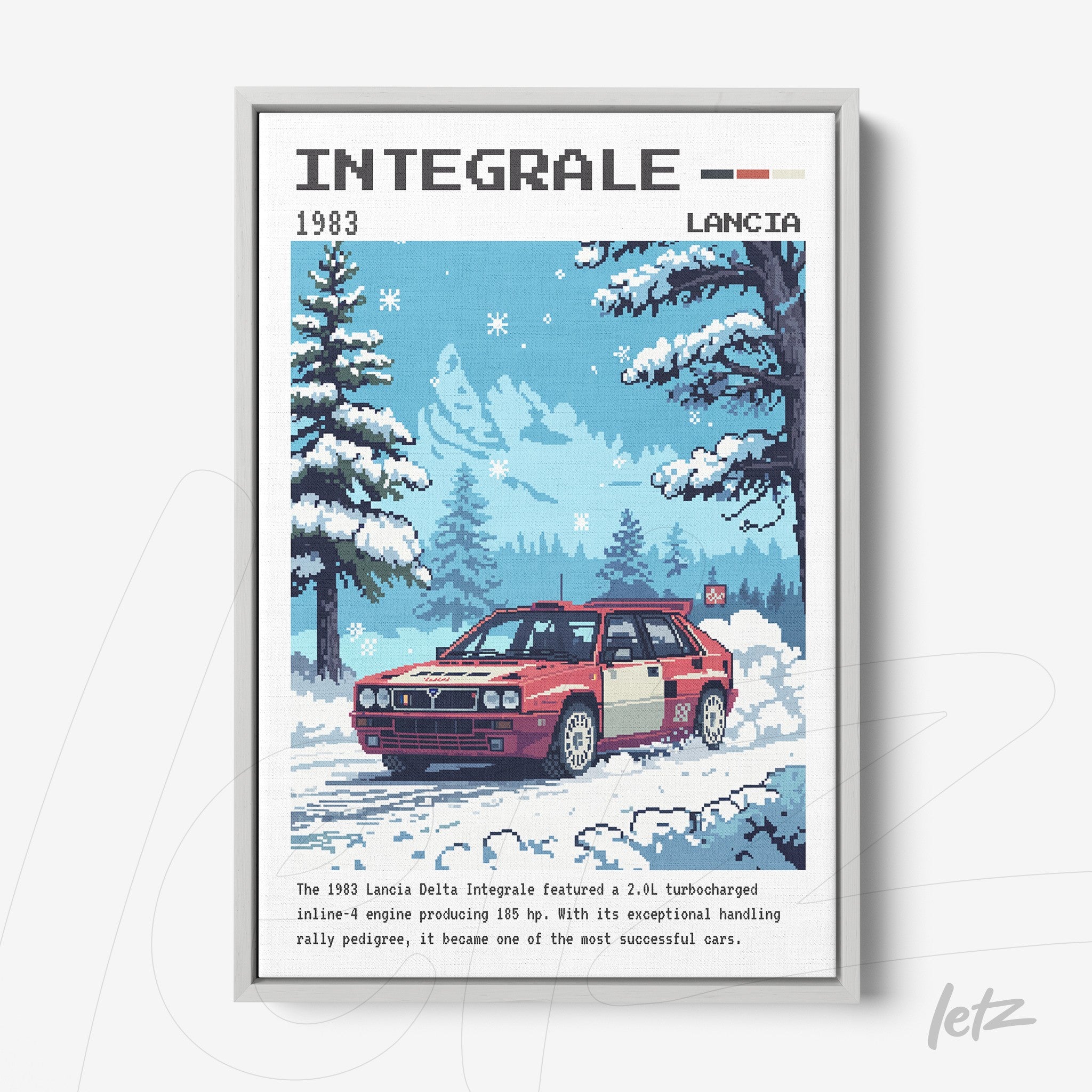 quadro com ilustração pixel art de um carro Lancia Delta Integrale em uma paisagem invernal, com neve e árvores ao fundo em uma moldura branca