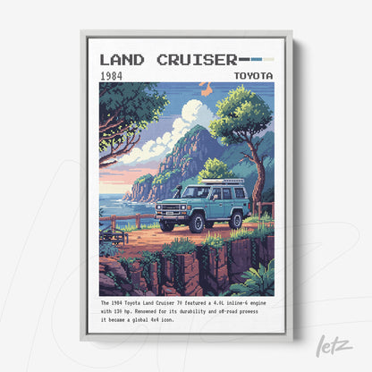 quadro com arte digital do carro Toyota Land Cruiser em um cenário natural, moldura prateada