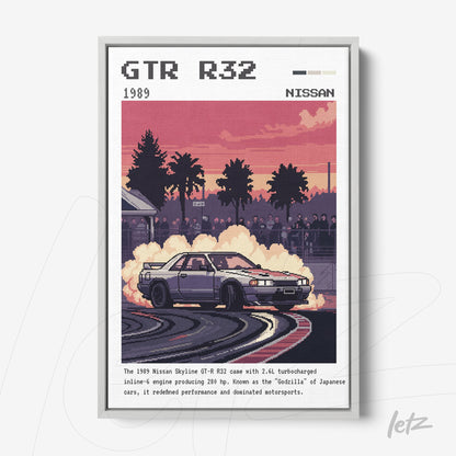 quadro com arte digital de carro Nissan Skyline GT-R R32 em moldura branca, retratando o veículo em um drift com fumaça e palmeiras ao fundo