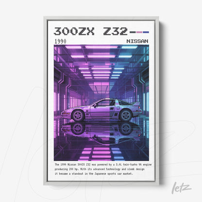 quadro na moldura prata com arte digital do carro esportivo Nissan 300ZX Z32 em ambiente com iluminação neon roxa e azul