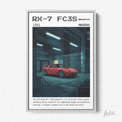 quadro com arte pixelada de um carro Mazda RX-7 FC3S de 1991 em uma garagem escura com luzes frias