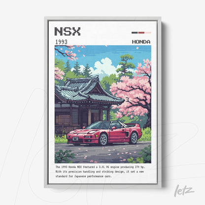 quadro com arte pixelada do carro Honda NSX em frente a um templo japonês com cerejeiras floridas em moldura branca