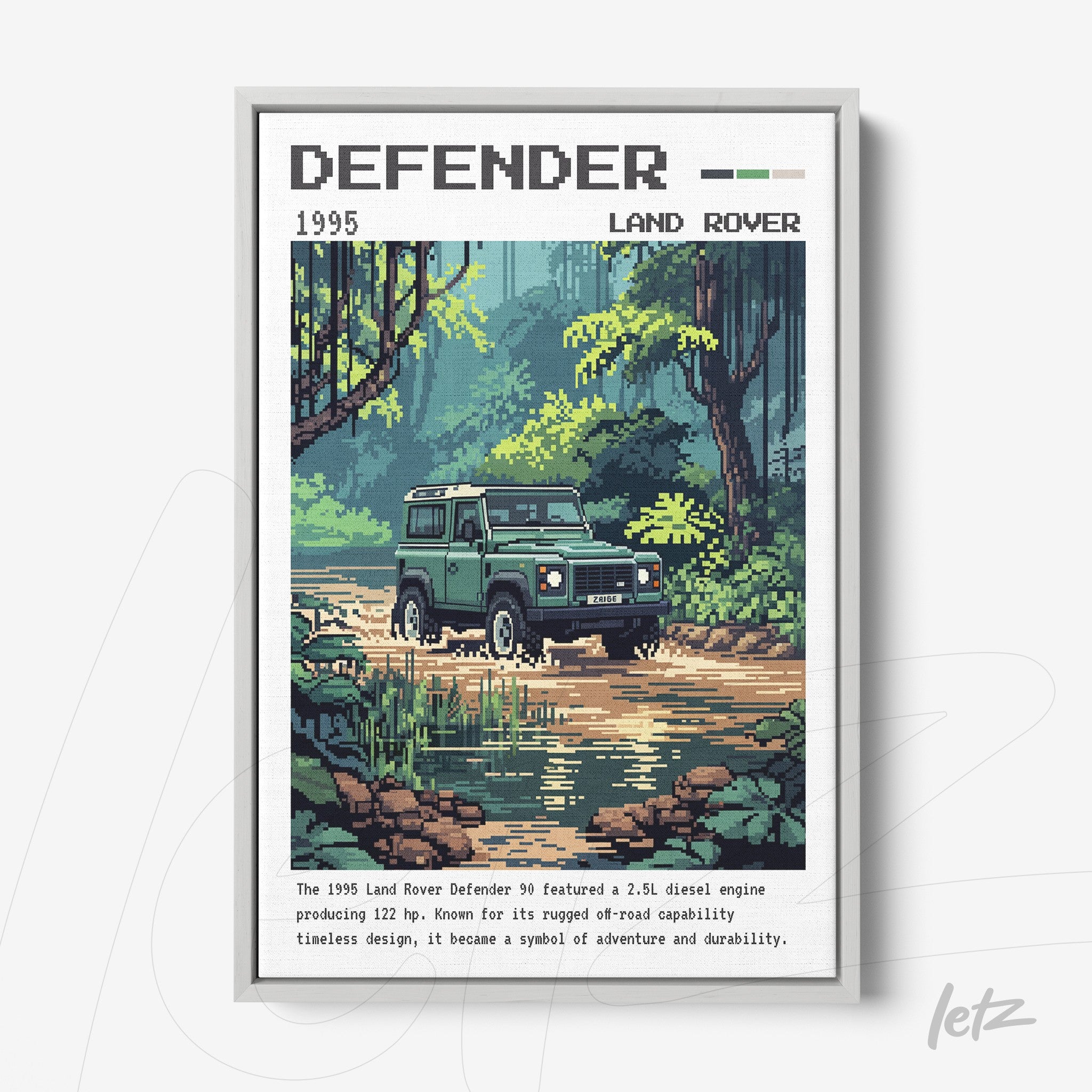 quadro com arte em pixel do Land Rover Defender 1995 em um cenário de floresta com estrada de terra