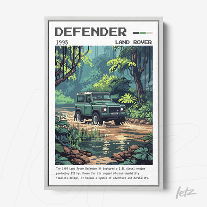 quadro com arte em pixel do Land Rover Defender 1995 em um cenário de floresta com estrada de terra