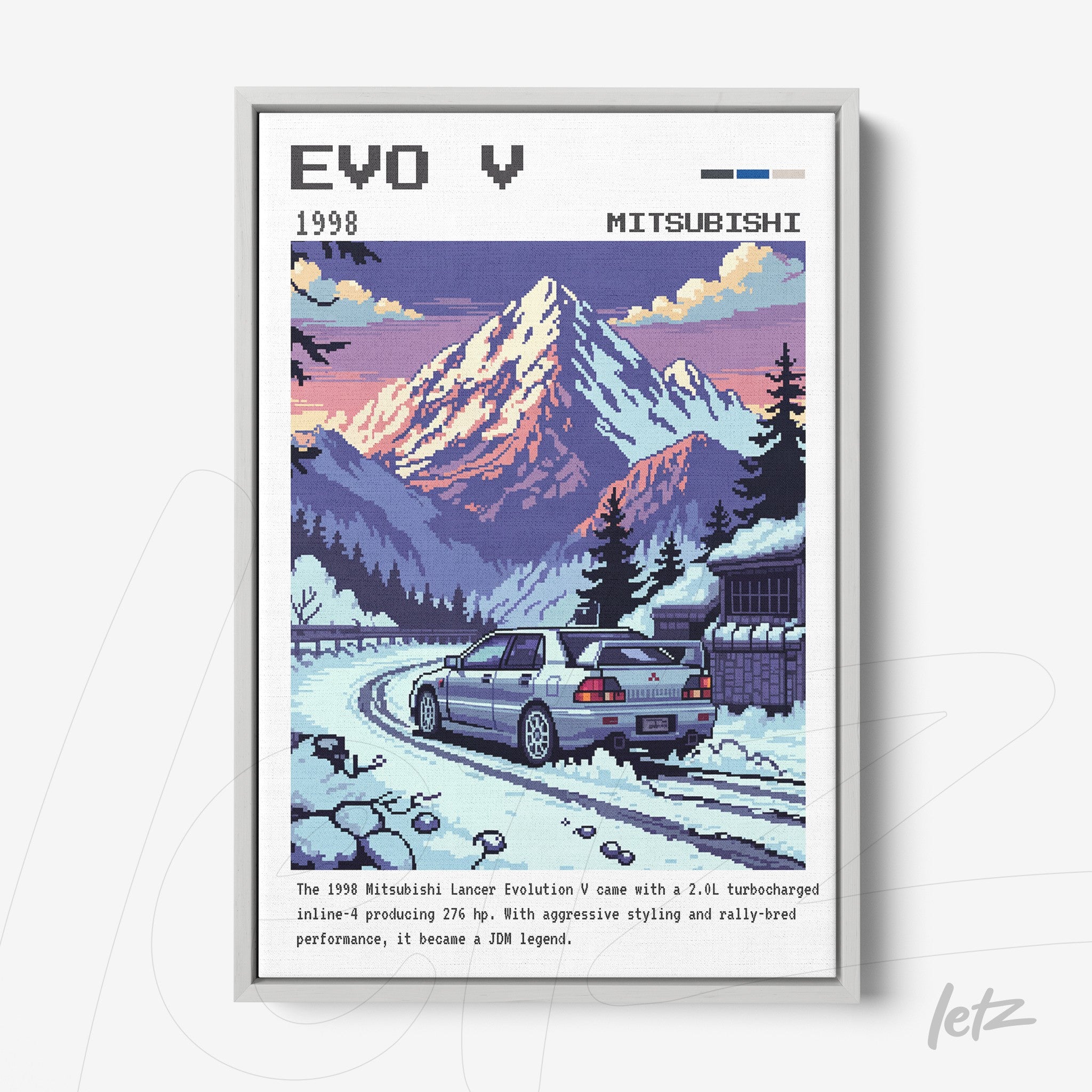 quadro com arte pixelizada retratando um Mitsubishi Lancer Evolution V em uma estrada montanhosa, moldura cinza clara