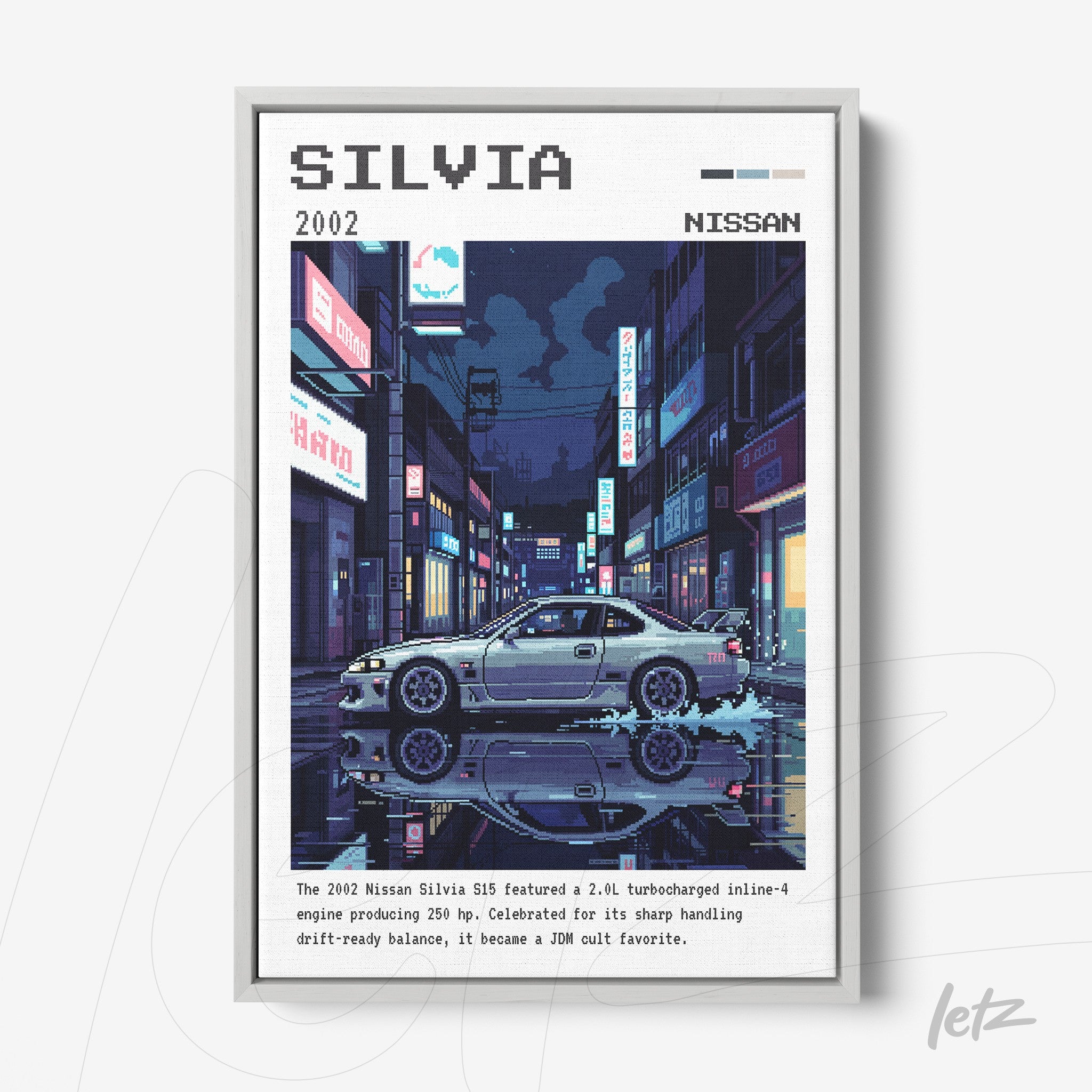 quadro com arte digital do carro Nissan Silvia em estilo retrô com moldura branca