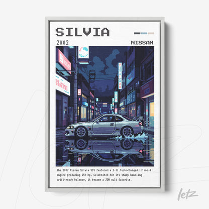 quadro com arte digital do carro Nissan Silvia em estilo retrô com moldura branca