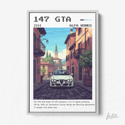 quadro com arte pixelada do carro Alfa Romeo 147 GTA em um cenário urbano com casas italianas