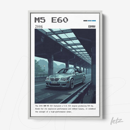 quadro com arte digital do carro BMW M5 E60, moldura prata com fundo minimalista