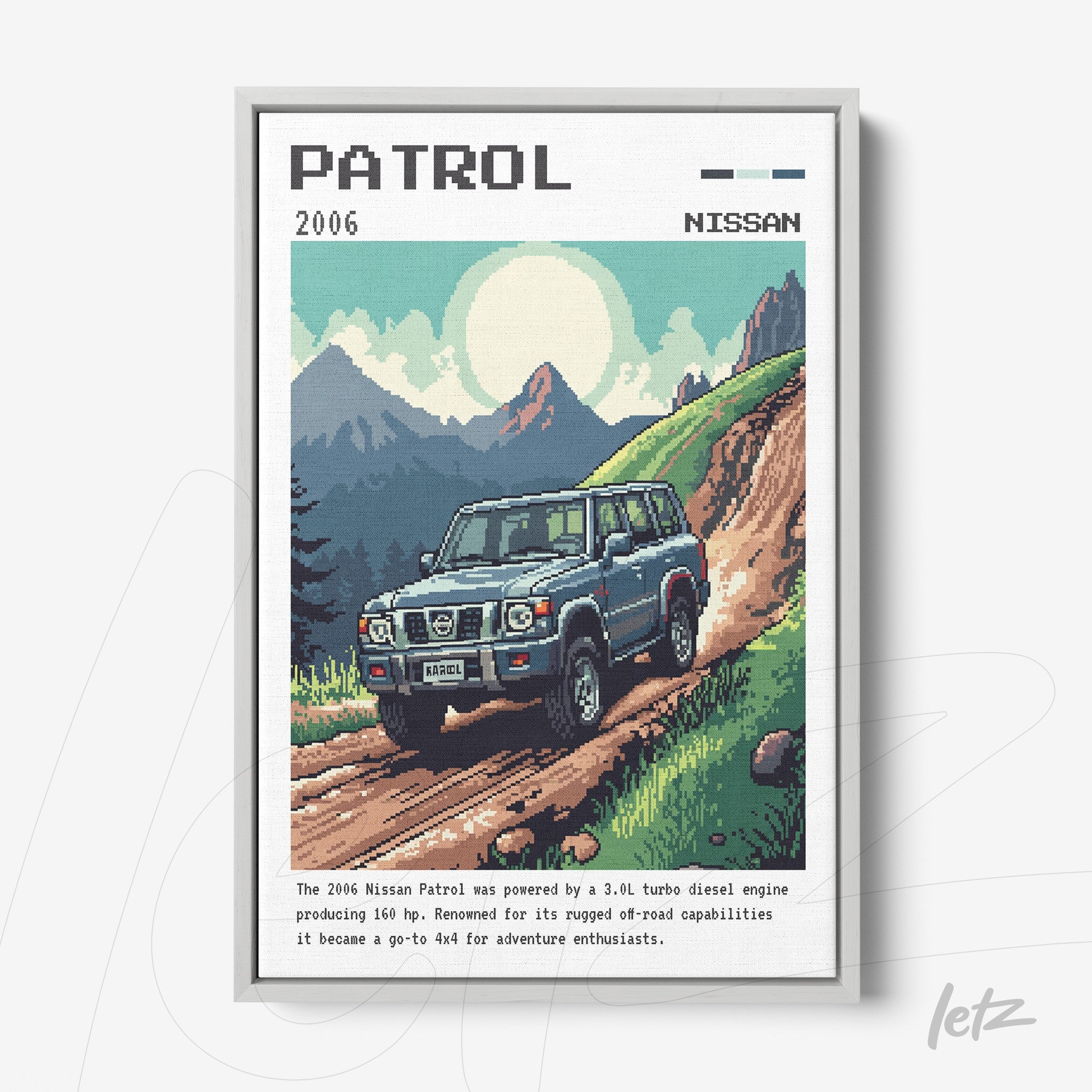quadro com arte pixelada de um carro Nissan Patrol 2006 em um terreno acidentado, moldura branca e fundo com montanhas e céu azul